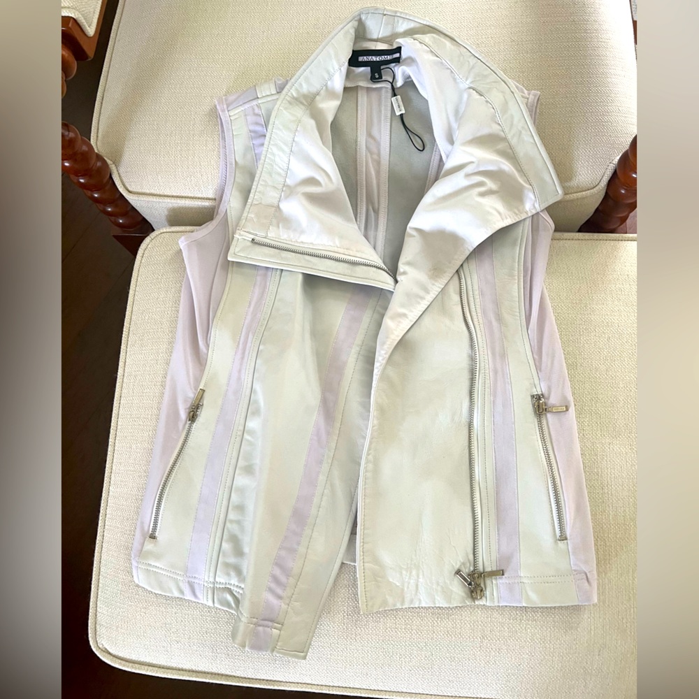New Anatomie white leather and mesh moto travel vest S